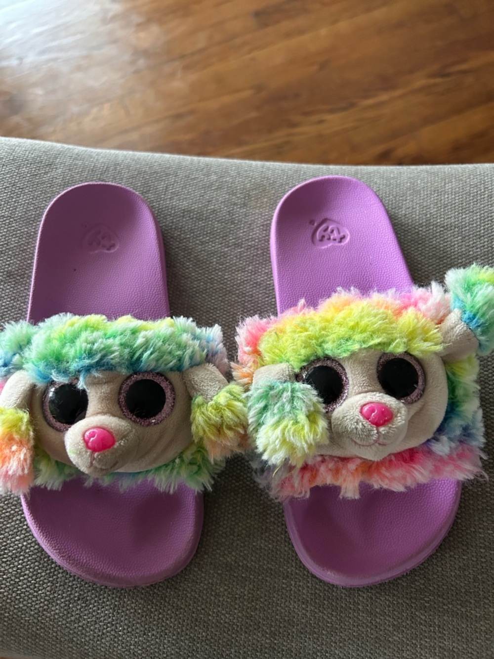 Ty Rainbow Fuzzy Slide Sandals in Purple and Multicolor